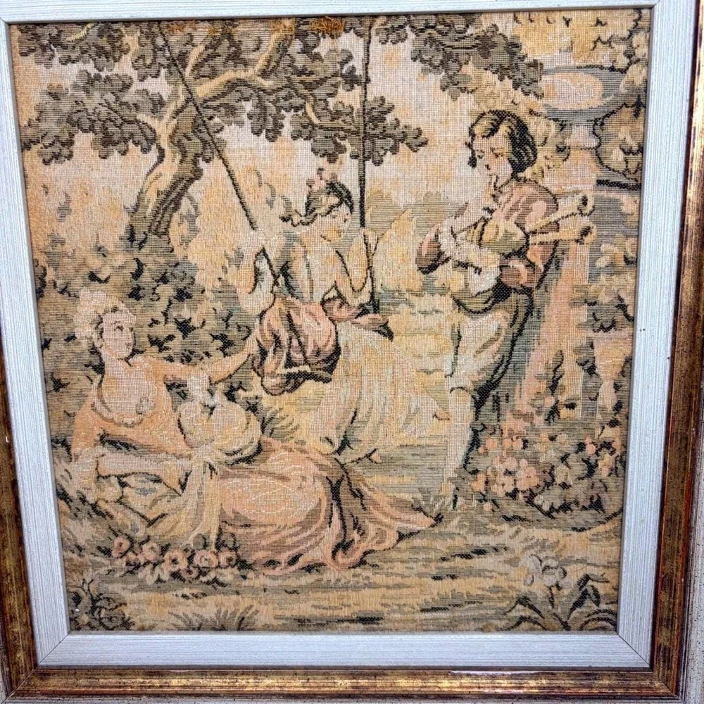 Vintage French Rococo Style Framed Tapestry Wall Art Pastoral Garden Scene 12x13